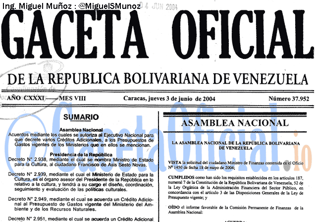Gaceta Oficial 37952 del 3 Junio 2004