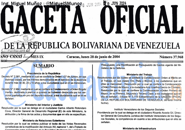 Gaceta Oficial 37968 del 28 Junio 2004