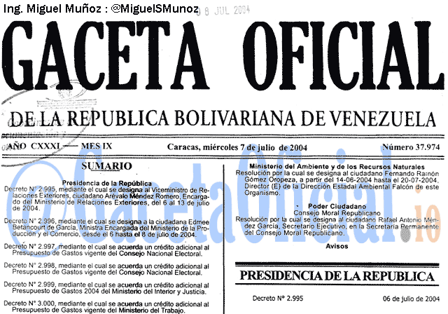 Gaceta Oficial 37974 del 7 Julio 2004