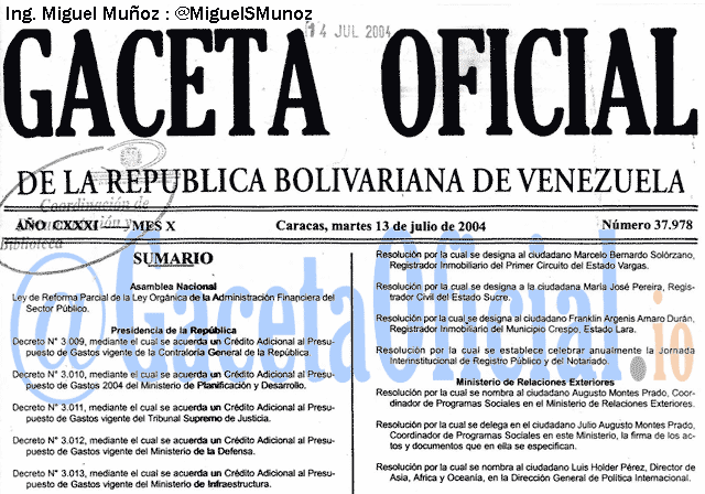 Gaceta Oficial 37978 del 13 Julio 2004
