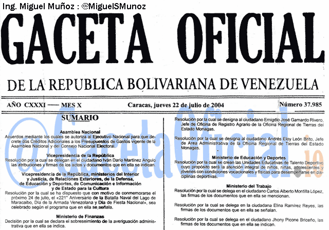 Gaceta Oficial 37985 del 22 Julio 2004