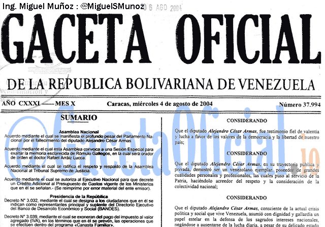 Gaceta Oficial 37994 del 4 Agosto 2004