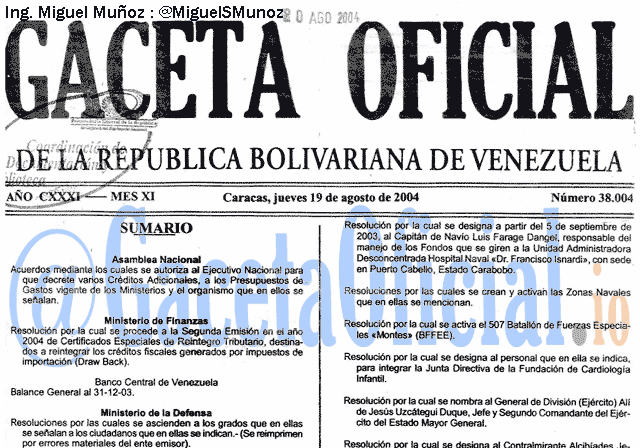 Gaceta Oficial 38004 del 19 Agosto 2004