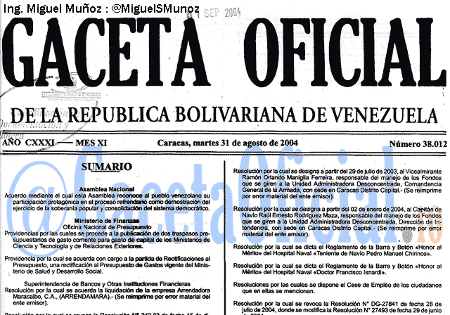 Gaceta Oficial 38012 del 31 Agosto 2004