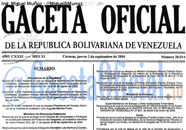 Gaceta Oficial 38014 del 2 Septiembre 2004