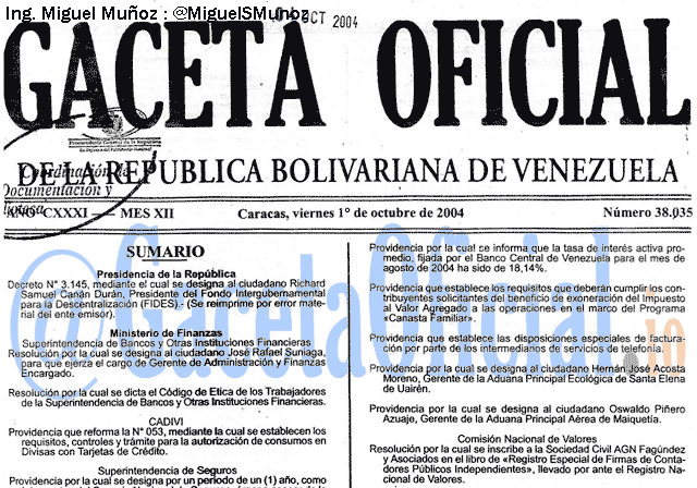 Gaceta Oficial 38035 del 1 Octubre 2004