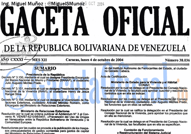 Gaceta Oficial 38036 del 4 Octubre 2004