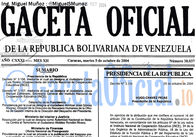 Gaceta Oficial 38037 del 5 Octubre 2004