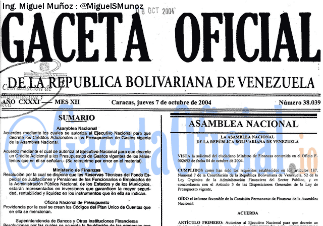 Gaceta Oficial 38039 del 7 Octubre 2004