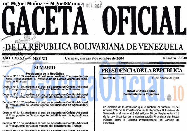 Gaceta Oficial 38040 del 8 Octubre 2004