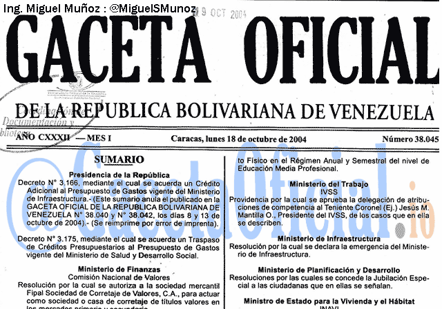 Gaceta Oficial 38045 del 18 Octubre 2004