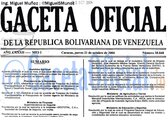 Gaceta Oficial 38048 del 21 Octubre 2004