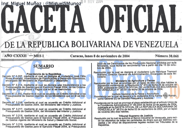 Gaceta Oficial 38060 del 8 Noviembre 2004