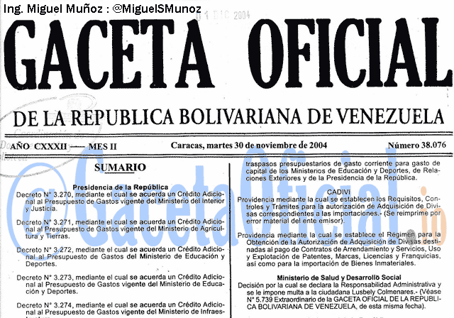 Gaceta Oficial 38076 del 30 Noviembre 2004