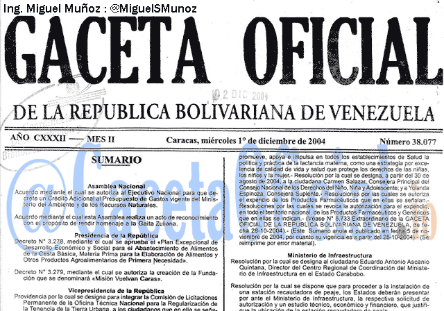 Gaceta Oficial 38077 del 1 Diciembre 2004
