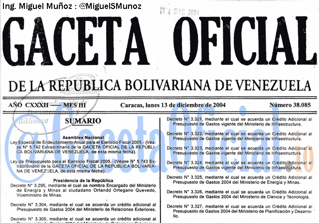 Gaceta Oficial 38085 del 13 Diciembre 2004