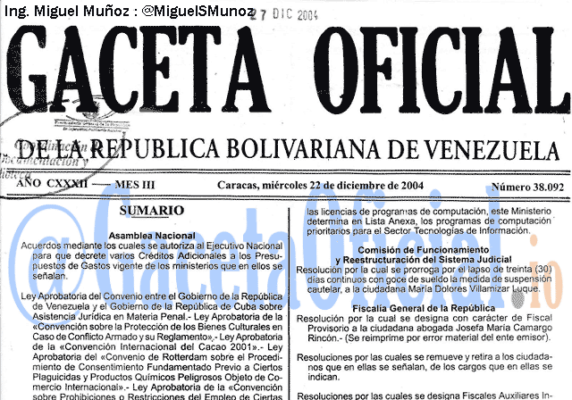 Gaceta Oficial 38092 del 22 Diciembre 2004