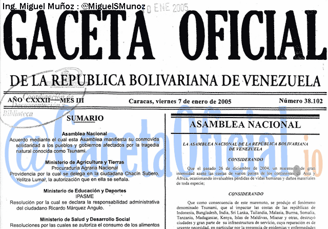 Gaceta Oficial 38102 del 7 Enero 2005