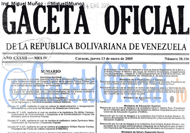 Gaceta Oficial 38106 del 13 Enero 2005