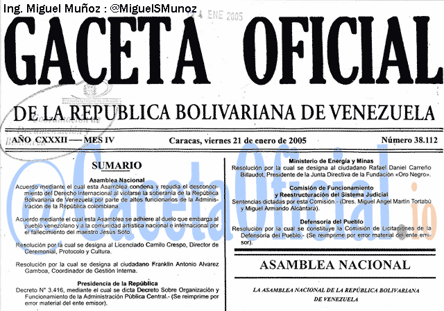 Gaceta Oficial 38112 del 21 Enero 2005