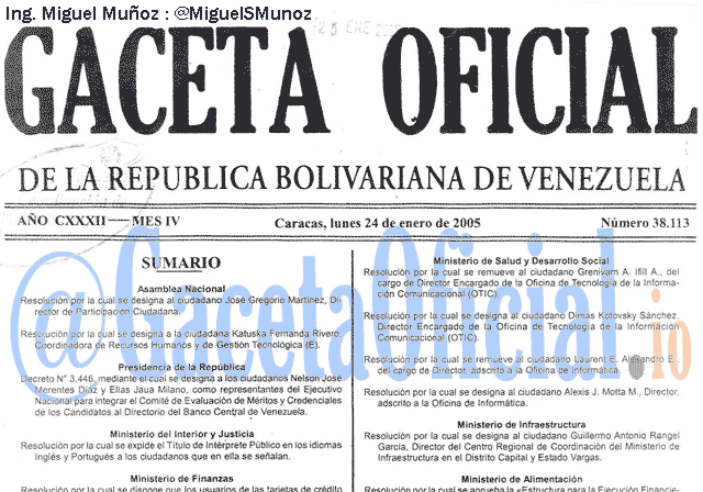 Gaceta Oficial 38113 del 24 Enero 2005