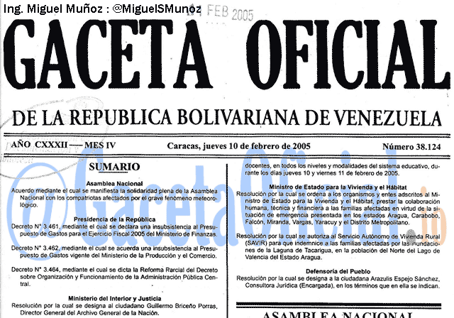 Gaceta Oficial 38124 del 10 Febrero 2005