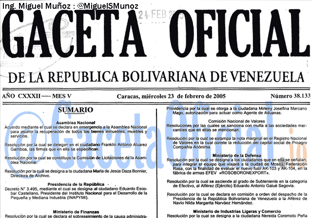 Gaceta Oficial 38133 del 23 Febrero 2005