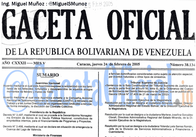 Gaceta Oficial 38134 del 24 Febrero 2005