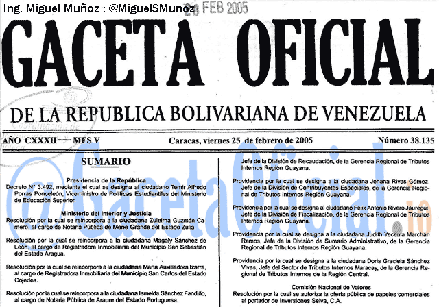 Gaceta Oficial 38135 del 25 Febrero 2005