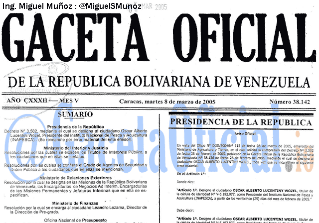 Gaceta Oficial 38142 del 8 Marzo 2005