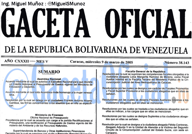 Gaceta Oficial 38143 del 9 Marzo 2005
