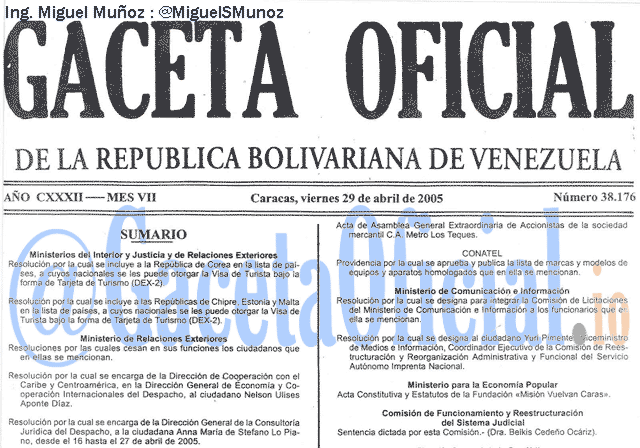 Gaceta Oficial 38176 del 29 Abril 2005