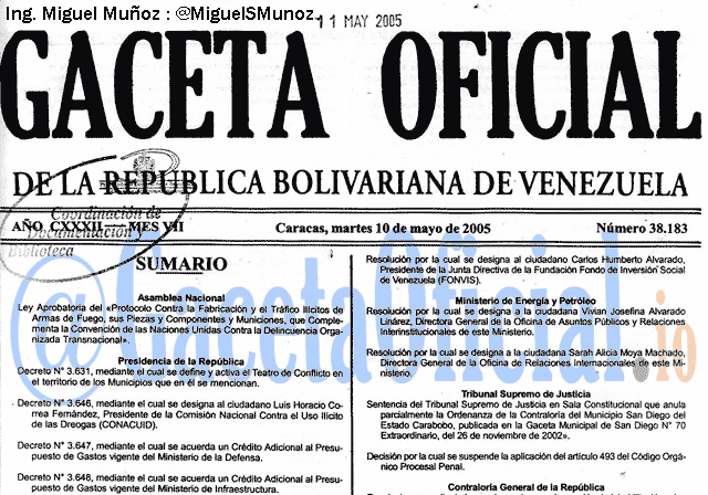 Gaceta Oficial 38183 del 10 Mayo 2005