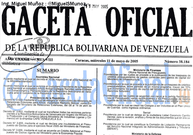 Gaceta Oficial 38184 del 11 Mayo 2005