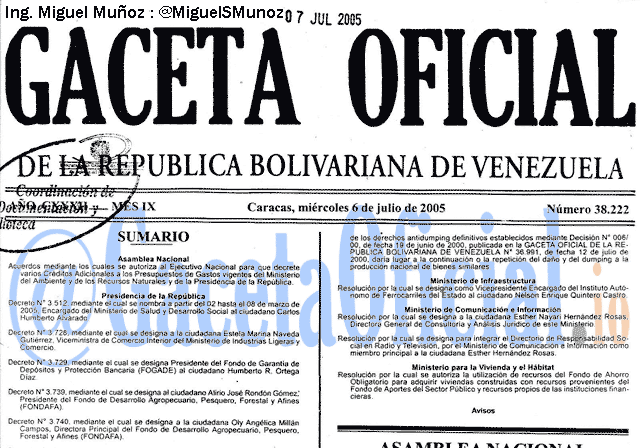 Gaceta Oficial 38222 del 6 Julio 2005