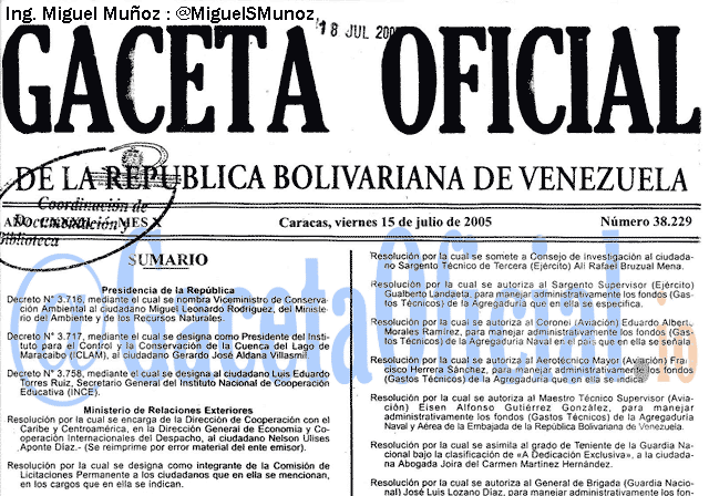 Gaceta Oficial 38229 del 15 Julio 2005