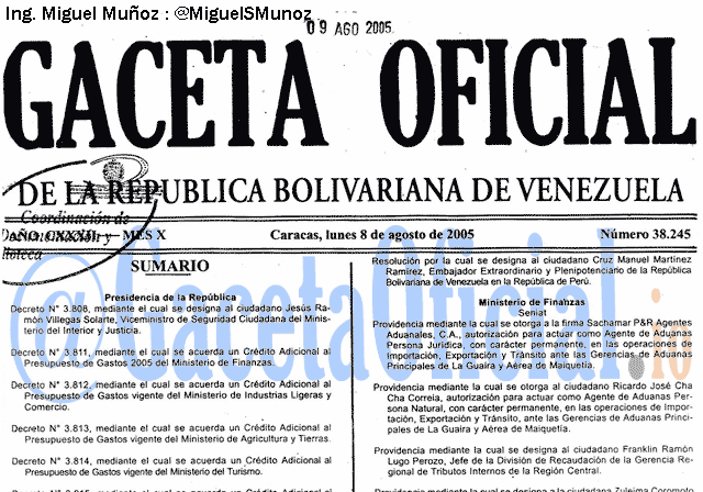 Gaceta Oficial 38245 del 8 Agosto 2005
