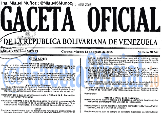 Gaceta Oficial 38249 del 12 Agosto 2005