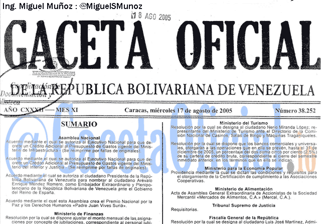 Gaceta Oficial 38252 del 17 Agosto 2005