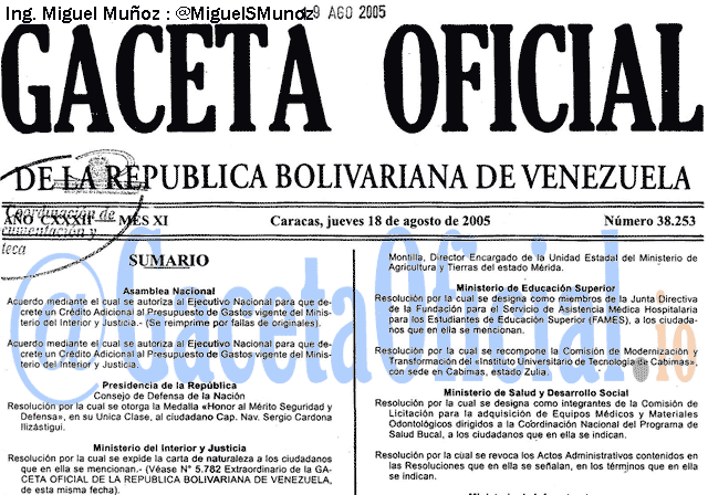 Gaceta Oficial 38253 del 18 Agosto 2005