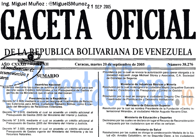 Gaceta Oficial 38276 del 20 Septiembre 2005