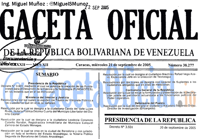 Gaceta Oficial 38277 del 21 Septiembre 2005