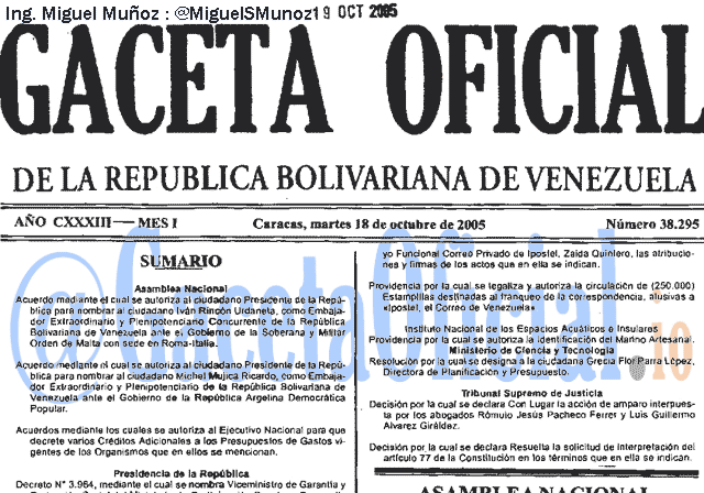 Gaceta Oficial 38295 del 18 Octubre 2005