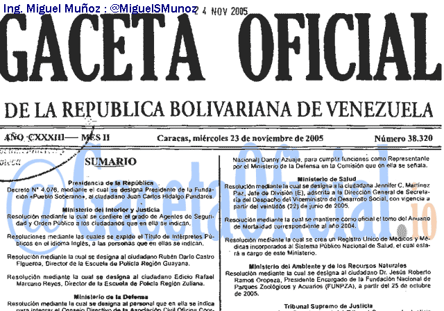 Gaceta Oficial 38320 del 23 Noviembre 2005
