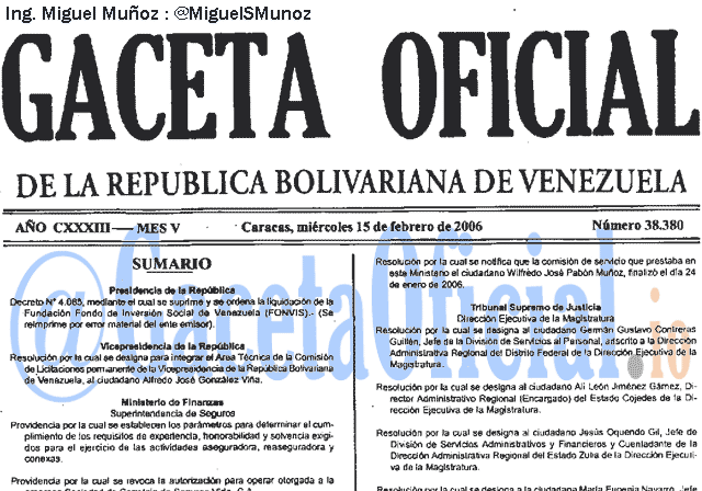 Gaceta Oficial 38380 del 15 Febrero 2006