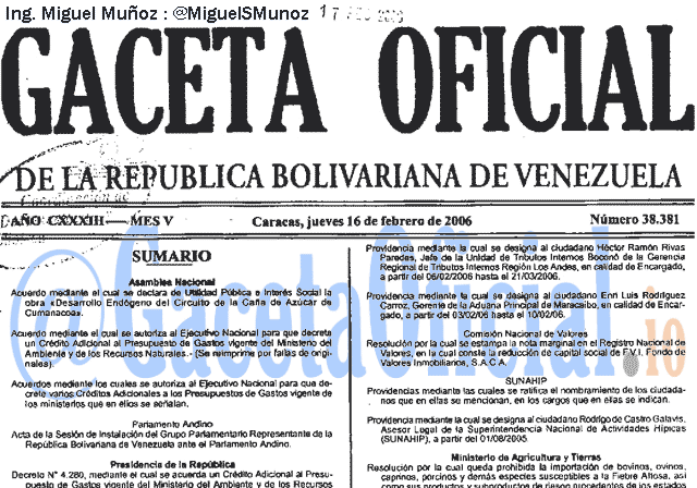 Gaceta Oficial 38381 del 16 Febrero 2006