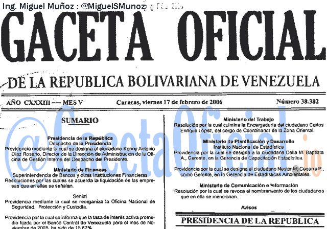 Gaceta Oficial 38382 del 17 Febrero 2006