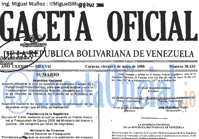 Gaceta Oficial 38430 del 5 Mayo 2006