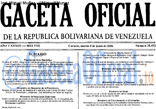 Gaceta Oficial 38452 del 6 Junio 2006