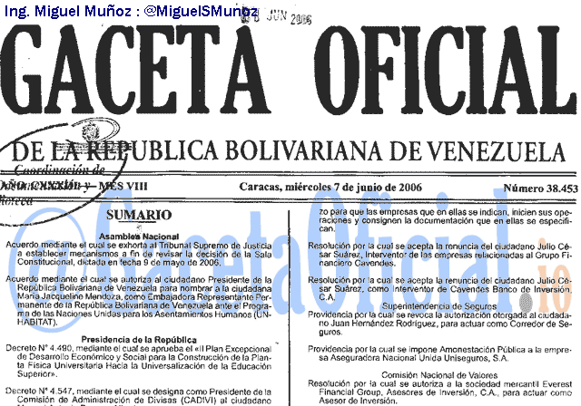 Gaceta Oficial 38453 del 7 Junio 2006